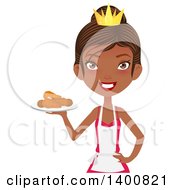 Happy Black Female Chef Wearing An Apron And Crown And Serving Fried Chicken