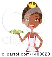 Poster, Art Print Of Happy Black Female Chef Wearing An Apron And Crown And Serving A Salad