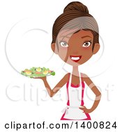 Poster, Art Print Of Happy Black Female Chef Wearing An Apron And Serving A Salad