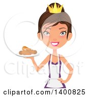 Happy White Female Chef Wearing An Apron And Crown And Serving Fried Chicken