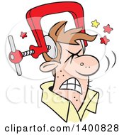 Clipart Of A Cartoon Brunette White Man With A Bad Migraine Headache Depicted As Clamp On His Head Royalty Free Vector Illustration