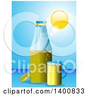 Poster, Art Print Of Summer Sun Blaring Down On A Beer Bottle And Cup