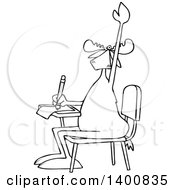 Clipart Of A Cartoon Black And White Lineart Moose Student Raising His Hand At A School Desk Royalty Free Vector Illustration