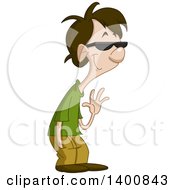 Poster, Art Print Of Cartoon Casual Brunette White Man Wearing Sunglasses And Waving