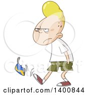 Poster, Art Print Of Cartoon Annoyed Blond White Teenage Boy Walking And Kicking A Can