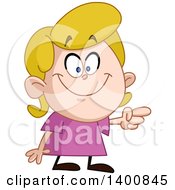 Clipart Of A Cartoon Blond White Girl Pointing And Smiling Royalty Free Vector Illustration