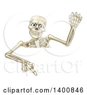 Poster, Art Print Of Cartoon Human Skeleton Waving And Pointing Down Over A Sign