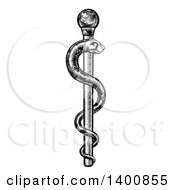 Black And White Woodcut Or Engraved Medical Rod Of Asclepius With A Snake