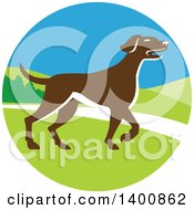 Poster, Art Print Of Retro Brown Pointer Dog In A Landscape Circle