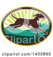 Retro Brown Pointer Dog Running In A Sunrise Oval