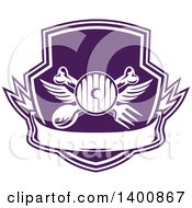 Clipart Of A Retro Crossed Spoon Fork And Bone With Wings Over A Headlamp In A Purple And White Shield Royalty Free Vector Illustration by patrimonio