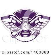 Poster, Art Print Of Retro Crossed Spoon And Fork Over Motorcycle Handlebars And Headlamp In A Purple And White Plate Circle