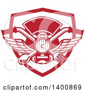 Clipart Of A Retro Crossed Spoon And Fork Over Motorcycle Handlebars And Headlamp In A Red And White Shield Royalty Free Vector Illustration by patrimonio