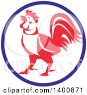 Poster, Art Print Of Retro Crowing Rooster In A Blue White And Red Circle