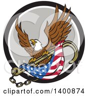 Retro Bald Eagle Flying With An American Flag And Towing J Hook In A Black White And Gray Circle