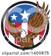 Poster, Art Print Of Retro Bald Eagle Landing In An American Flag Circle