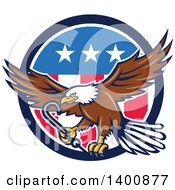 Poster, Art Print Of Retro Bald Eagle Flying With A Towing J Hook Over An American Circle