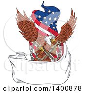 Retro Bald Eagle Flying With Towing J Hooks Over A Blank Ribbon Banner And American Flag