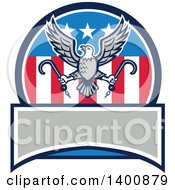 Clipart Of A Retro Bald Eagle Flying With Towing J Hooks Over An American Circle With A Blank Banner Royalty Free Vector Illustration