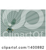 Poster, Art Print Of Retro Swooping Green Bald Eagle And Green Rays Background Or Business Card Design