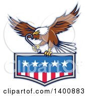 Retro Bald Eagle Flying With A Towing J Hook Over An American Flag