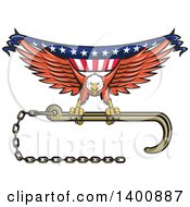 Poster, Art Print Of Retro Bald Eagle Flying With A Towing J Hook And American Flag Banner