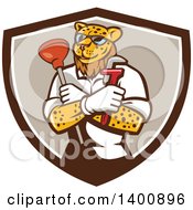 Poster, Art Print Of Leopard Plumber Holding A Plunger And Monkey Wrench In Folded Arms Within A Brown And White Shield