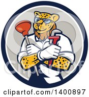 Poster, Art Print Of Leopard Plumber Holding A Plunger And Monkey Wrench In Folded Arms Within A Blue White And Gray Circle