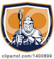 Poster, Art Print Of Retro Knight In Full Armor Holding Paint Brush In An Orange Blue And White Shield