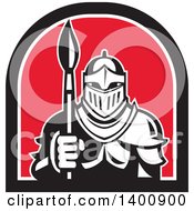 Poster, Art Print Of Retro Knight In Full Armor Holding Paint Brush In A Black White And Red Half Circle