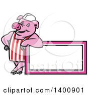Retro Cartoon Butcher Pig Leaning On A Blank Sign
