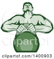 Poster, Art Print Of Retro Muscular Male Bodybuilder Athlete Lifting A Kettlebell In Green Tones