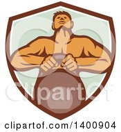 Poster, Art Print Of Retro Muscular Male Bodybuilder Athlete Lifting A Kettlebell In A Shield