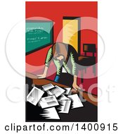 Poster, Art Print Of Retro Woodcut Depressed Female Teacher Looking Down On A Desk With Papers