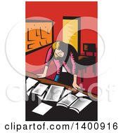 Poster, Art Print Of Retro Woodcut Depressed Female Teacher Looking Down On A Desk With Books And Paper