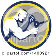 Poster, Art Print Of Retro Muscular Man Opening A Safe In A Blue Yellow And Gray Circle