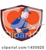 Retro Cartoon American Civil War Union Army Soldier Holding A Rifle With Bayonet Emerging From A Shield