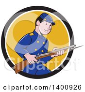 Retro Cartoon American Civil War Union Army Soldier Holding A Rifle With Bayonet Emerging From A Black White And Yellow Circle