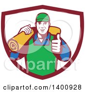 Retro Male Carpet Layer Giving A Thumb Up And Carrying A Roll In A Shield