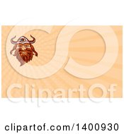 Clipart Of A Retro Woodcut Male Viking Norseman Warrior Face With A Long Beard And Horned Helmet And Pastel Orange Rays Background Or Business Card Design Royalty Free Illustration