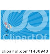 Clipart Of A Retro Cartoon White Male Plumber Holding A Giant Monkey Wrench And Plumber Rays Background Or Business Card Design Royalty Free Illustration
