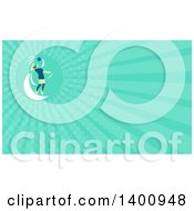 Retro Female Volleyball Player Jumping And Spiking The Ball And Turquoise Rays Background Or Business Card Design