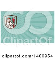 Clipart Of A Cartoon Muscular Horse Man Plumber Holding A Monkey Wrench And Turquoise Rays Background Or Business Card Design Royalty Free Illustration