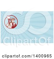 Clipart Of A Retro Statue Of Liberty Holding A Torch And Blue Rays Background Or Business Card Design Royalty Free Illustration by patrimonio