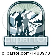 Poster, Art Print Of Retro Silhouetted Father And Son With A View Of A River And Mountains Over A Banner