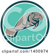 Poster, Art Print Of Retro Manatee Swimming In A Teal White And Turquoise Circle