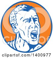 Poster, Art Print Of Retro Angry Yelling Man In A Blue White And Orange Circle