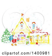 Christmas House With A Snowman And Santa Claus Carrying A Sack In The Snow