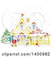 Christmas House With A Cartoon Snowman And Santa Claus Carrying A Sack In The Snow