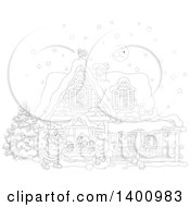 Black And White Lineart Christmas House With A Snowman And Santa Claus Carrying A Sack In The Snow
